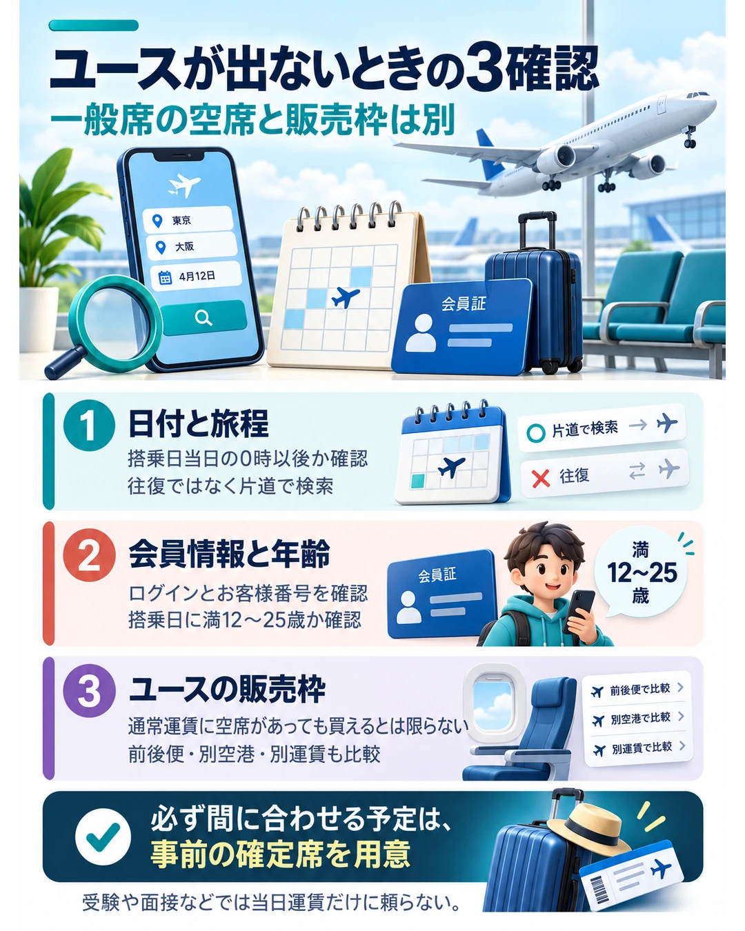 ANAユースが表示されないときは当日の日付と片道、会員情報と対象年齢、ユースの販売枠を確認。一般席の空席があってもユースが買えるとは限らない。取れない場合は前後便・別空港・別運賃を比較し、重要な予定は事前に確定席を用意する。