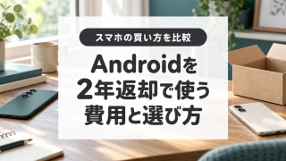 Androidを2年返却で使う費用と選び方。スマートフォンと返送用の箱のイメージ。