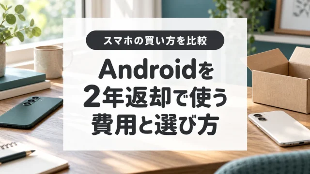 Androidを2年返却で使う費用と選び方。スマートフォンと返送用の箱のイメージ。