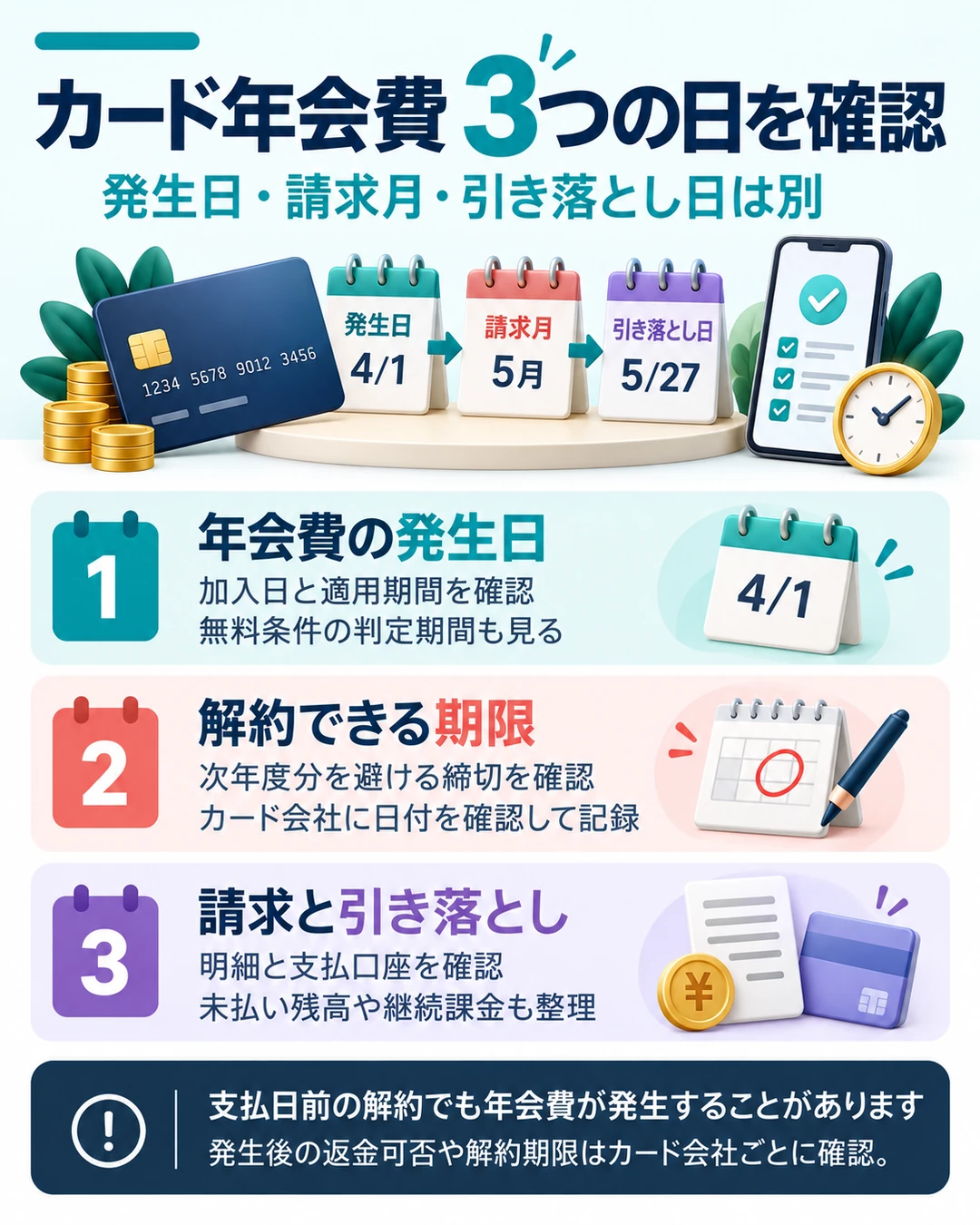 クレジットカード年会費は発生日、請求月、引き落とし日を分けて確認。解約で次年度の年会費を避けたい場合はカード会社に解約期限を確認し、無料条件や支払いの移行、未払い残高、ポイントも確認する。支払日前の解約でも年会費が発生することがある。