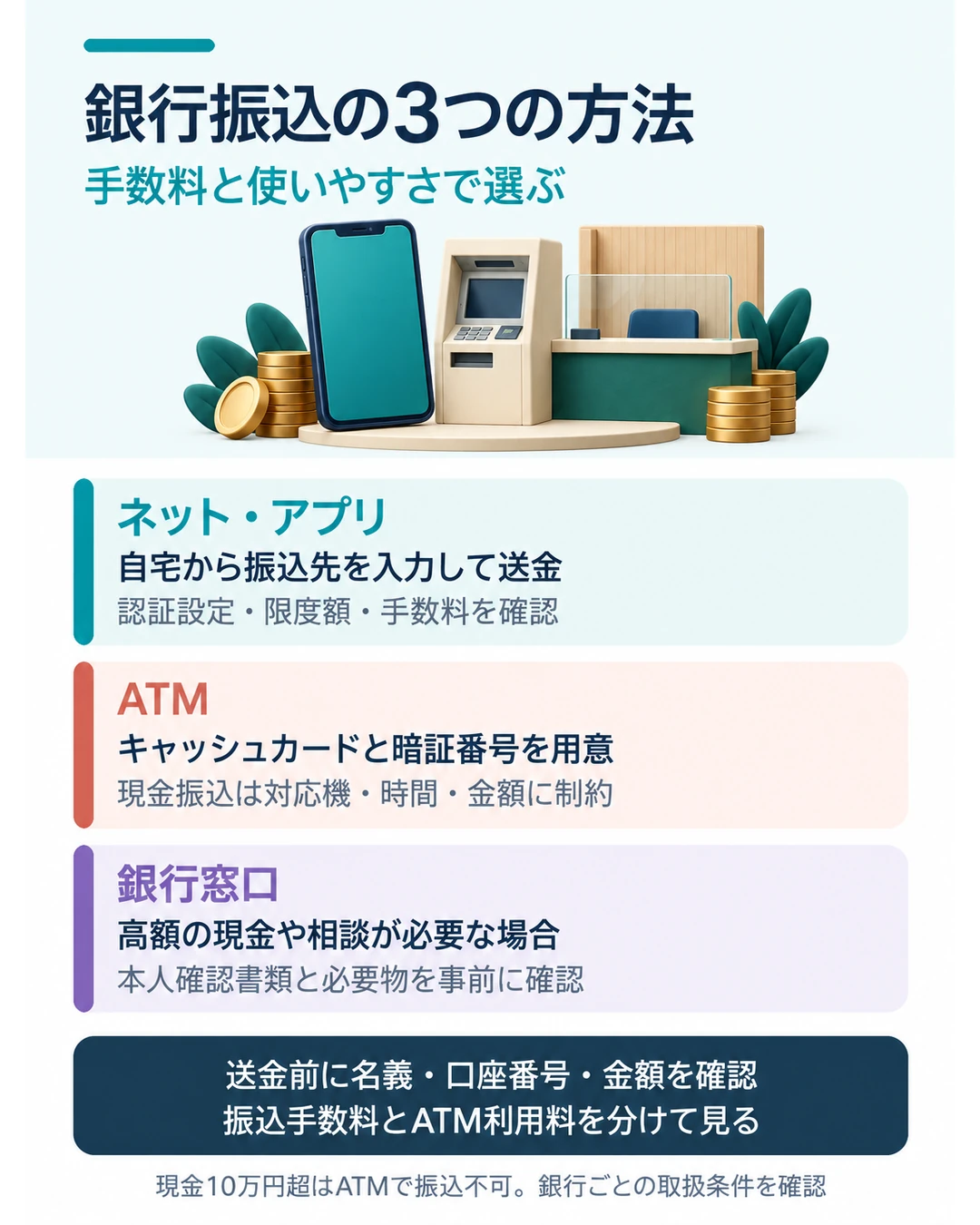 銀行振込はネット・アプリ、ATM、銀行窓口から選ぶ。ネットは認証設定・限度額・手数料、ATMはカードと暗証番号や現金対応機・時間・金額、窓口は本人確認書類と必要物を確認。現金10万円超はATM振込不可。送金前に名義・口座番号・金額を確認し、振込手数料とATM利用料を分ける。