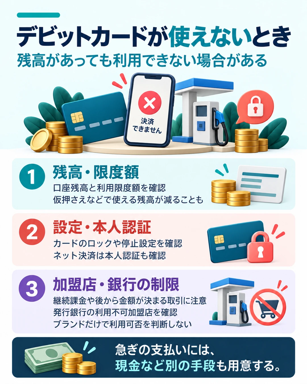 デビットカードが使えないときは口座残高と利用限度額、ロック設定と本人認証、加盟店と発行銀行の利用制限を確認。継続課金や金額が後で確定する取引には制約があり、ブランドだけで利用可否を判断しない。
