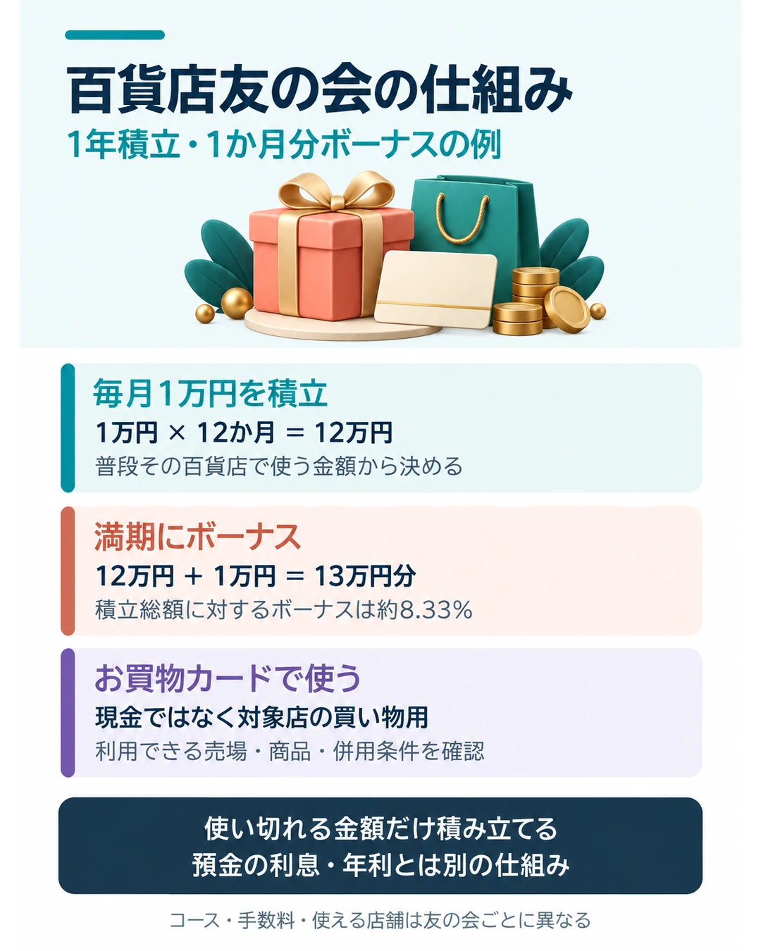 百貨店友の会の1年積立・1か月分ボーナスの例。毎月1万円を12か月積み立てると12万円に1万円のボーナスが加わり13万円分のお買物カードになる。ボーナス率は積立総額に対し約8.33%。現金や預金利息ではなく対象店での買い物に使う。使い切れる金額にし、対象店舗・商品・併用条件を確認する。