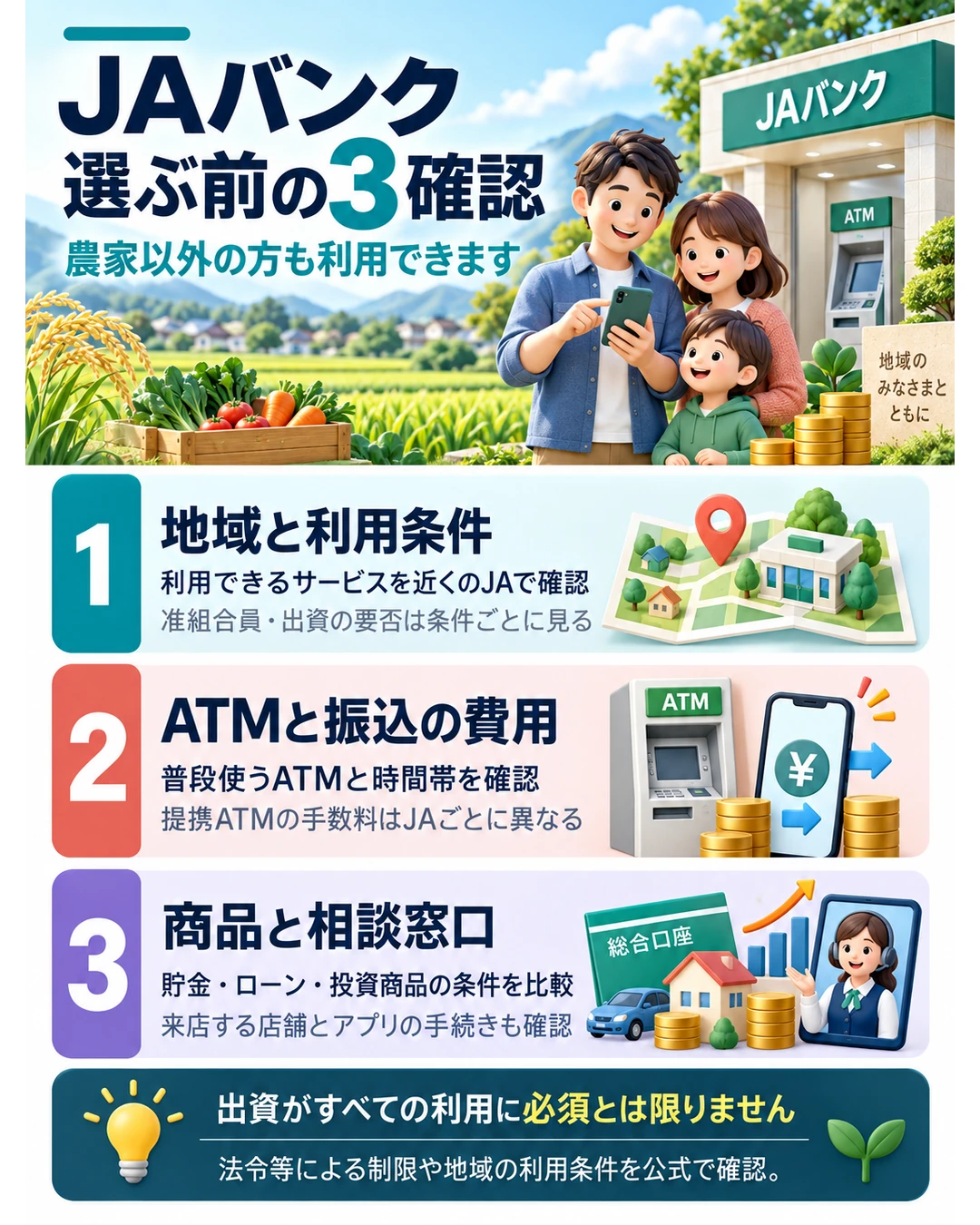 JAバンクは農家以外の人も利用可能だが法令等による制限がある。地域のJAで利用条件と准組合員・出資の要否、普段使うATMと振込の手数料、貯金やローン・投資商品の条件を確認する。手数料や優遇はJAごとに異なる。