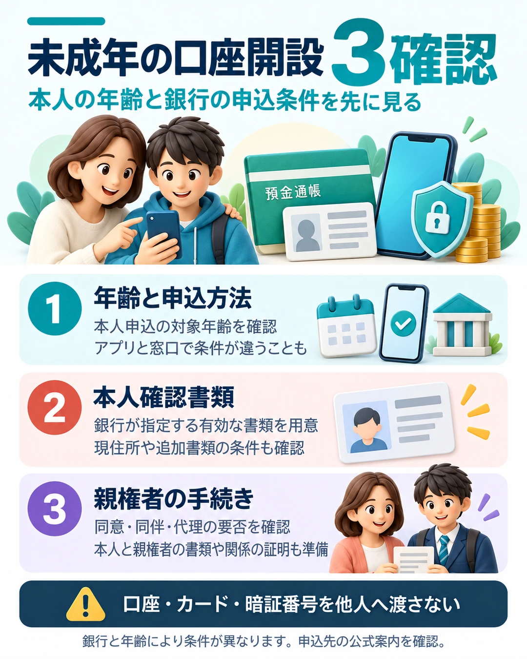 未成年の銀行口座は年齢と申込方法、本人確認書類、親権者の手続きの順に確認。本人申込の対象年齢やアプリと窓口の条件は銀行ごとに異なる。親権者による手続きでは本人と親権者の書類や関係を示す書類が必要になることがある。