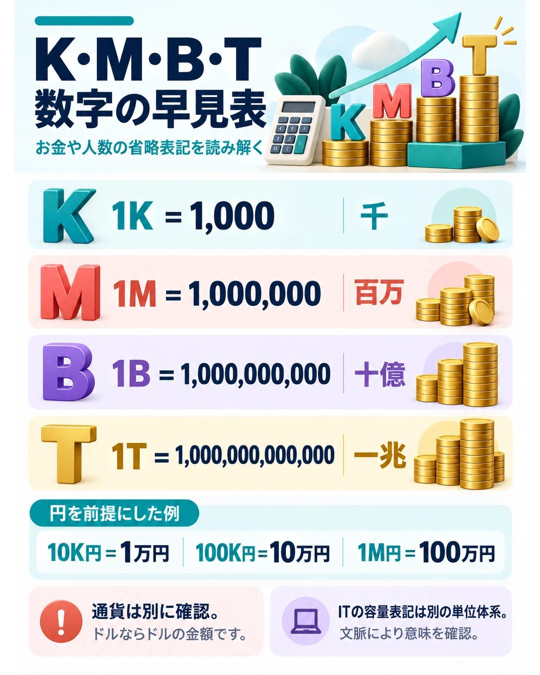 お金や人数の省略表記では1Kは千、1Mは百万、1Bは十億、1Tは一兆。円を前提にすれば10K円は1万円、100K円は10万円、1M円は100万円。通貨やITの容量表記は別に確認する。