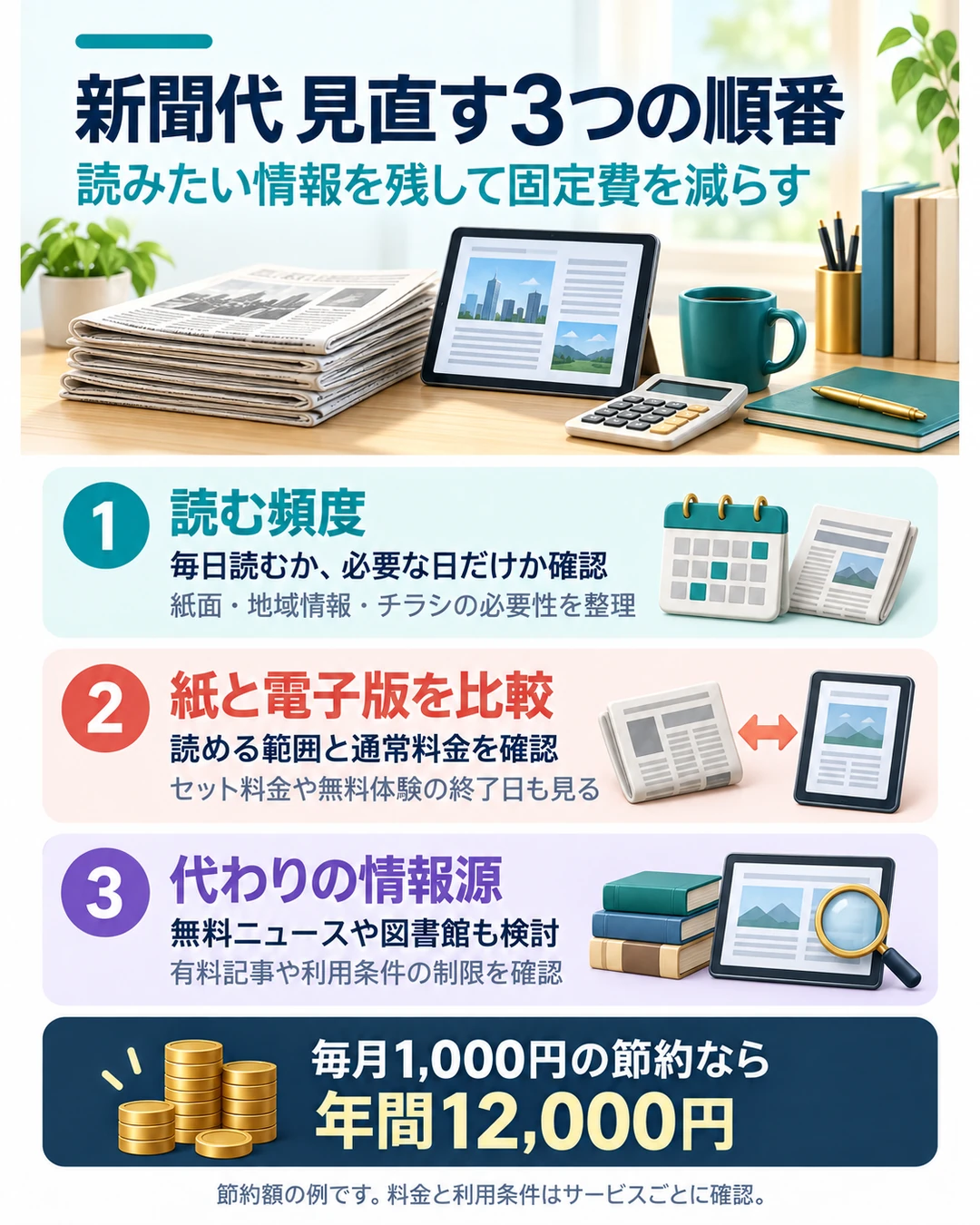 新聞代の見直しは読む頻度、紙と電子版の総額、代替ニュースの3つを確認。電子版では読める範囲と通常料金、無料体験の終了日を見る。毎月1,000円節約できる例では年間12,000円。