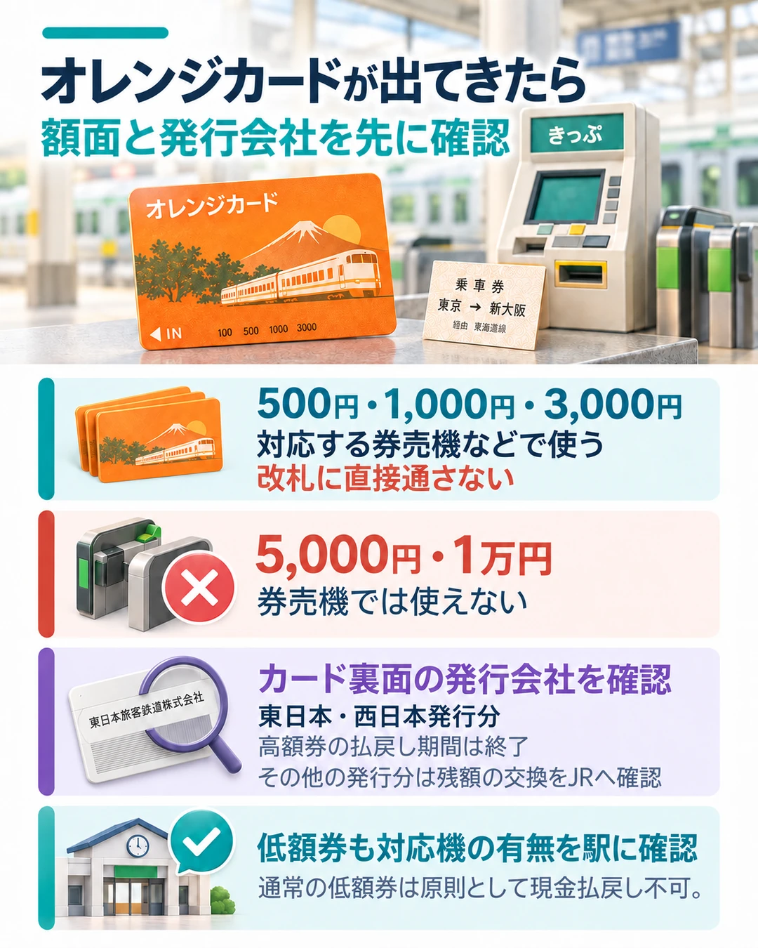 オレンジカードは額面と発行会社を確認。500円・1,000円・3,000円は対応券売機等で利用し、改札には直接通さない。5,000円・1万円は券売機で使用できず、JR東日本・西日本発行分の払い戻し期間は終了。その他の発行分は残額の交換についてJRに確認する。