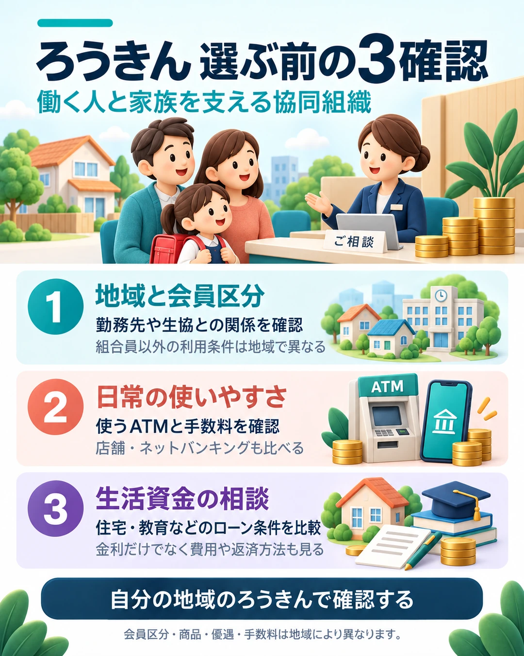 ろうきんは働く人と家族を支える協同組織の金融機関。地域と会員区分、対象ATMの手数料、相談窓口とローン条件を確認して選ぶ。組合員以外の利用可否や優遇、手数料は地域と商品で異なる。