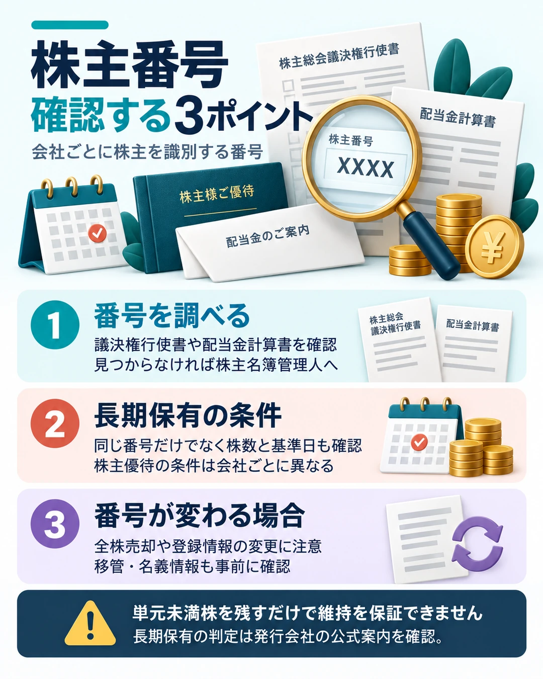 株主番号は会社ごとに株主を識別する番号。議決権行使書や配当金計算書などで確認できる。株主優待の長期保有条件は同一株主番号に加え株数や基準日の要件を確認。株を売買したり住所情報が変わったりすると番号が変わる場合があり、単元未満株だけで維持を保証できない。