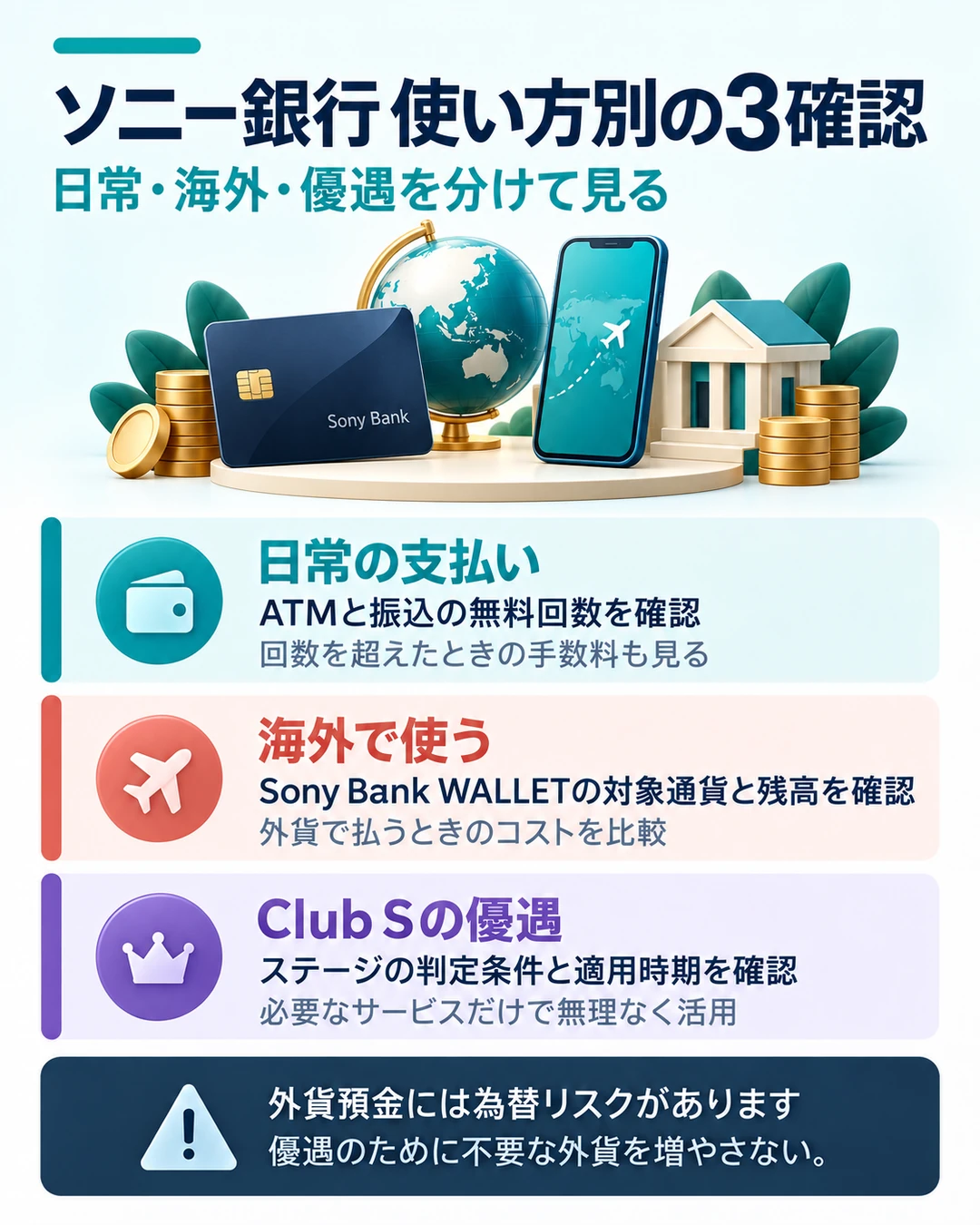 ソニー銀行は使い方に合わせて3つを確認。日常利用ではATMと振込の無料回数、海外利用ではSony Bank WALLETの対象通貨と外貨残高、優遇ではClub Sの判定条件と適用時期を見る。外貨預金には為替リスクがあり、優遇のために不要な外貨を増やさない。