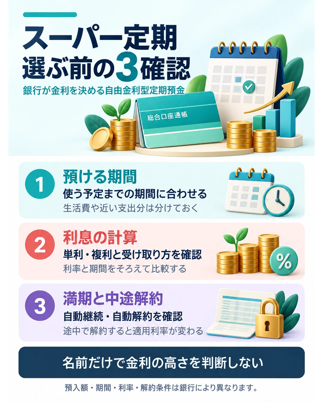 スーパー定期は銀行が金利を決める自由金利型定期預金。選ぶ際は預ける期間、単利・複利と利息の受け取り方、満期の扱いと中途解約利率を確認する。名前だけで金利の高さを判断せず、期間や解約条件をそろえて比較する。
