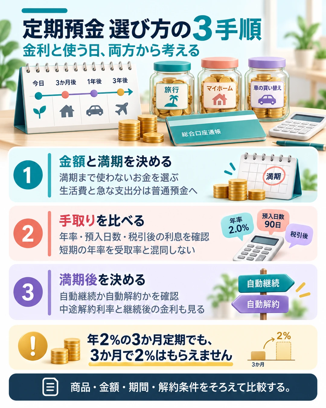 定期預金は使う日まで預けられる金額と期間を選び、年率と実際の利息、税引後の受取額を比較する。年2％の3か月定期でも3か月で2％を受け取るわけではない。自動継続・自動解約と中途解約利率を確認し、生活費や急な支出のお金は分ける。