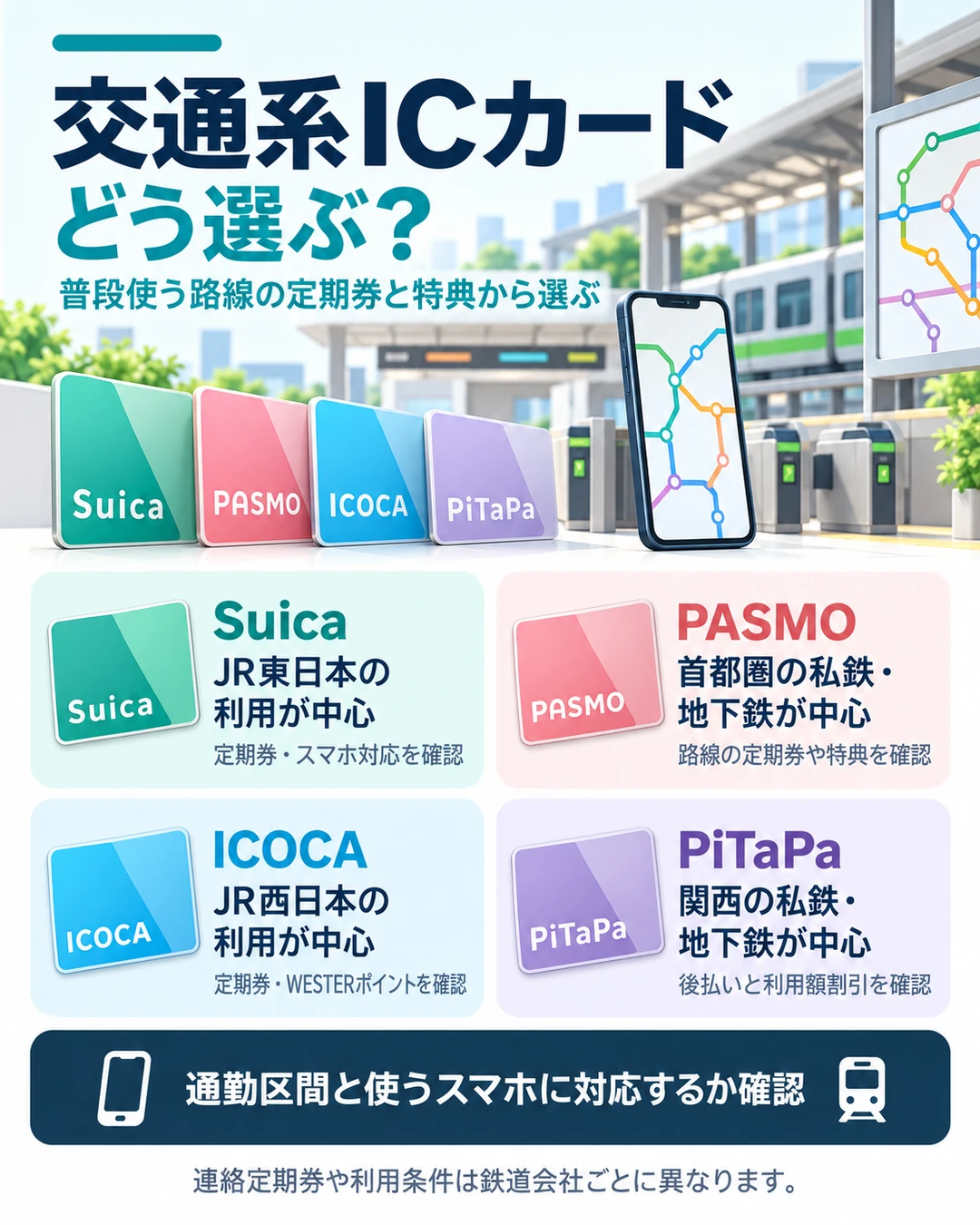 交通系ICカードは普段使う路線の定期券と特典で選ぶ。JR東日本中心はSuica、首都圏私鉄・地下鉄はPASMO、JR西日本中心はICOCA、関西の私鉄・地下鉄中心はPiTaPaを比較。対応する定期券区間とスマホを確認する。