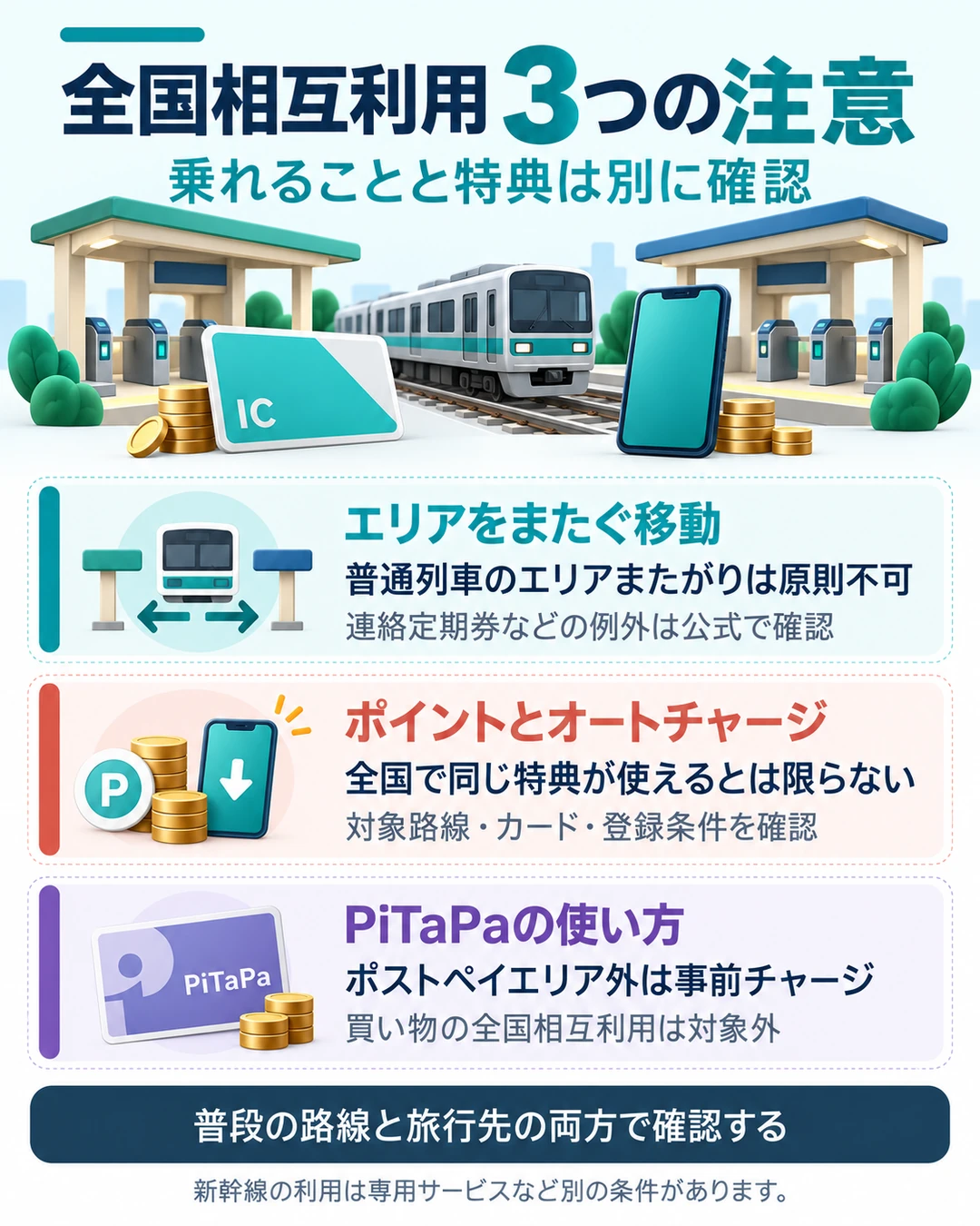 交通系ICカードの全国相互利用では普通列車のエリアまたがり、ポイントやオートチャージの制約を確認する。PiTaPaはポストペイエリア外の相互利用では事前チャージが必要で、買い物の相互利用は対象外。