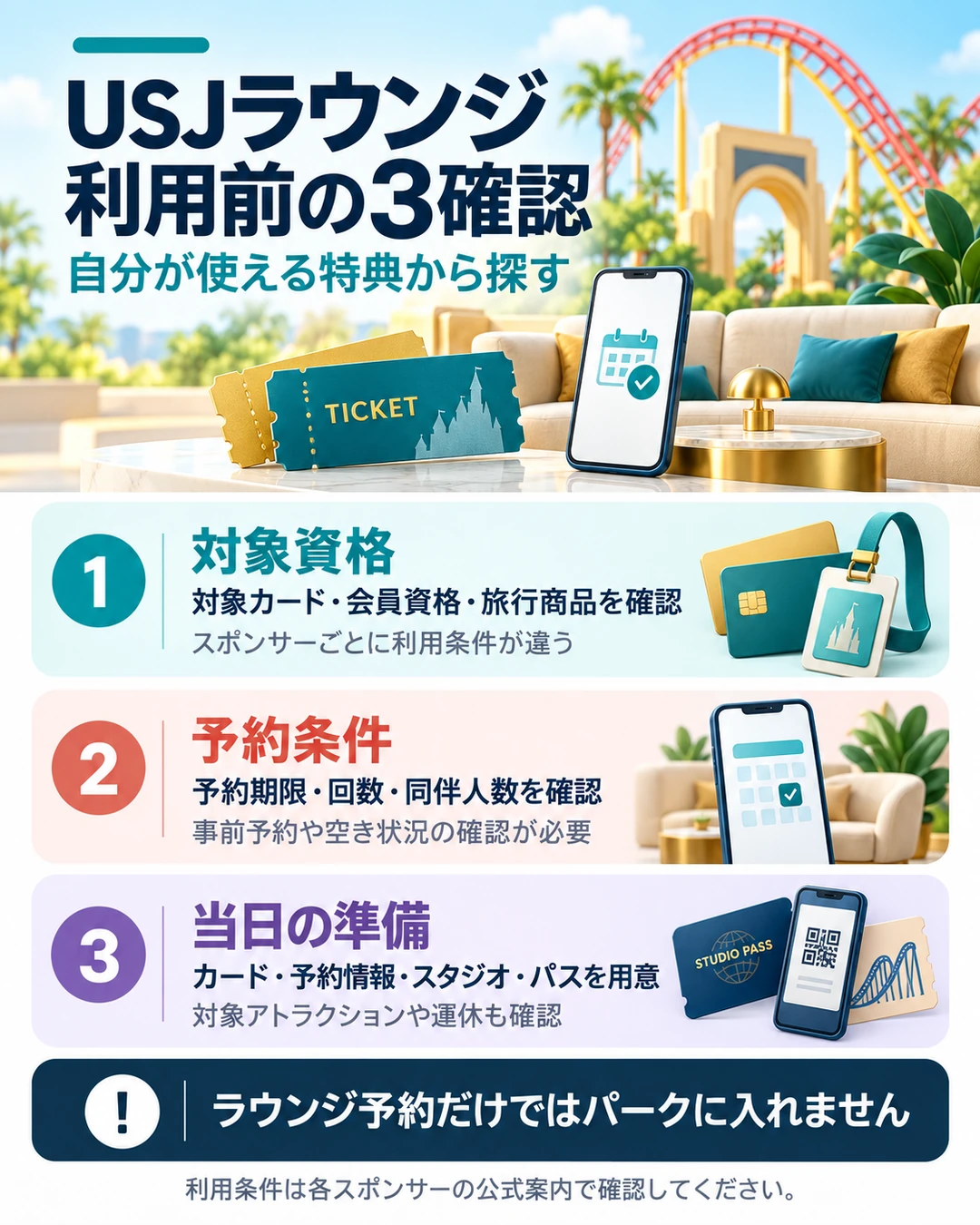 USJスポンサーラウンジは対象資格、予約条件、当日の必要物の順に確認。カード・会員資格・対象旅行商品ごとに条件が異なる。予約期限・回数・同伴人数を確認し、当日はカード・予約情報・スタジオパスを用意。対象アトラクションや運休も確認する。