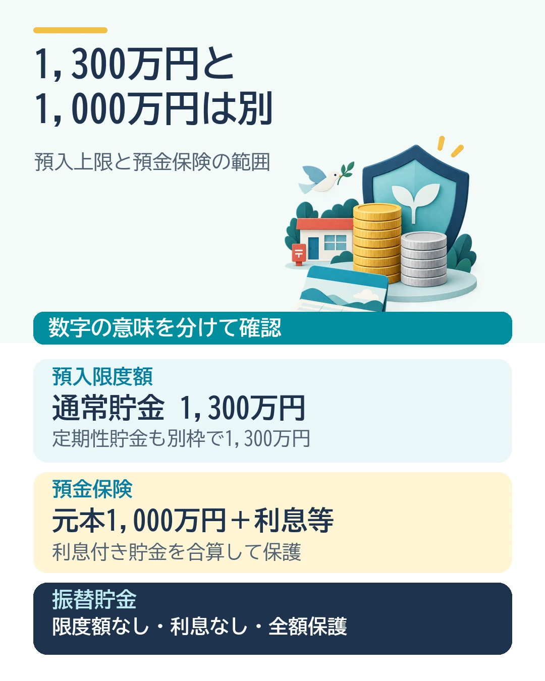ゆうちょ銀行の限度額と預金保険の違い。通常貯金と定期性貯金はそれぞれ1,300万円の預入枠があり、利息付き貯金は合算して元本1,000万円と利息等が保護される。振替貯金は無利息で全額保護。