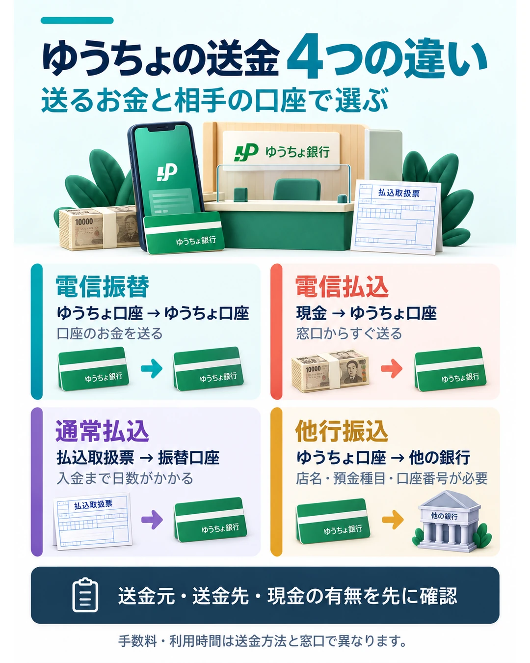 ゆうちょの送金方法は4種類。ゆうちょ口座からゆうちょ口座へは電信振替、現金からゆうちょ口座へは電信払込、払込取扱票で振替口座へは通常払込、他の銀行へは他行振込。送金元・送金先・現金の有無を先に確認する。