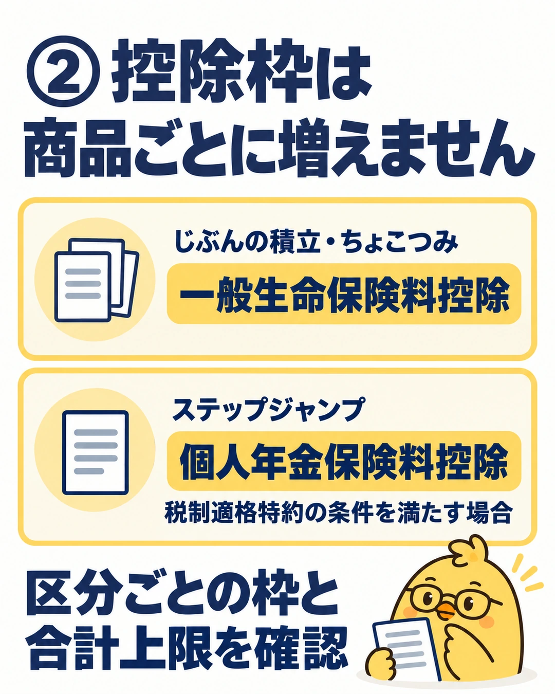 じぶんの積立とちょこつみは一般生命保険料控除、ステップジャンプは税制適格特約の条件を満たす場合に個人年金保険料控除