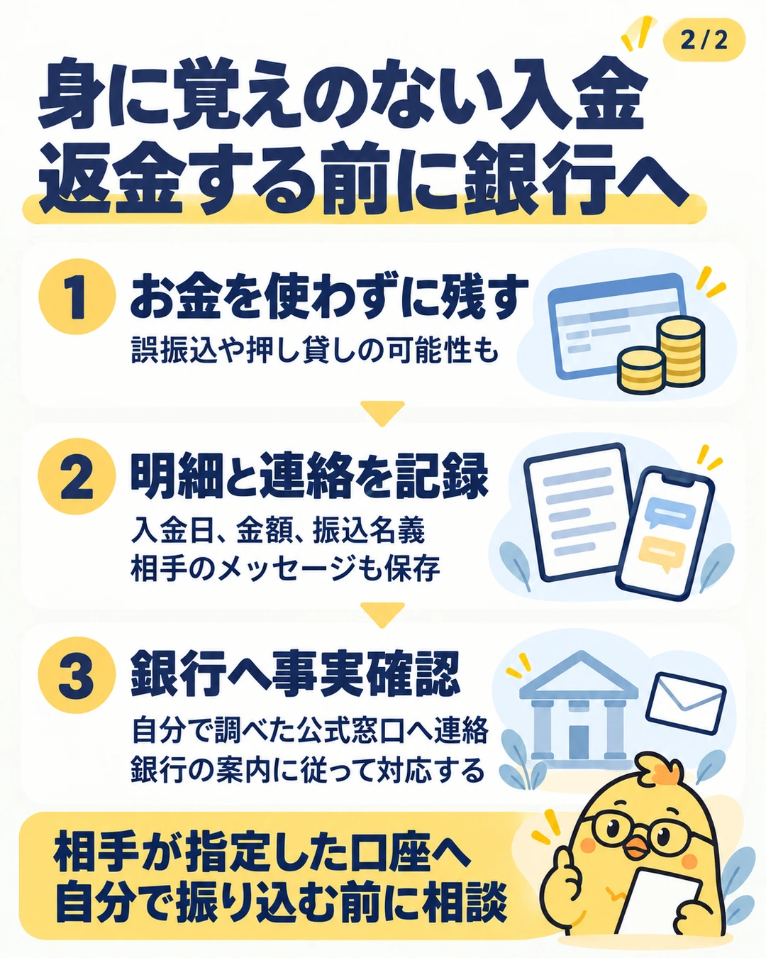 知らない入金は使わず記録し、自分で確認した銀行の窓口へ相談してから返金方法を確かめる